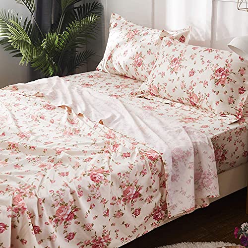 Brandream Full Size Sheets Cotton Farmhouse Bedding Sets Shabby Floral Luxury Bed Sheet Set Deep Pockets 18 Inch 4-Piece