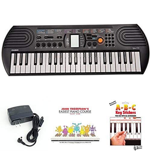 Casio SA77 44 Keys 100 Tones Keyboard bundle with Casio Power Supply, John Thompson’s Easiest Piano Course and ABC Keyboard Stickers