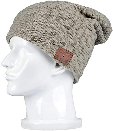 BearsFire Wireless Music Beanie Hat with Bluetooth Headphones Speaker Mic Winter Warm Skull Running Knit Cap for Men Women Light Gray