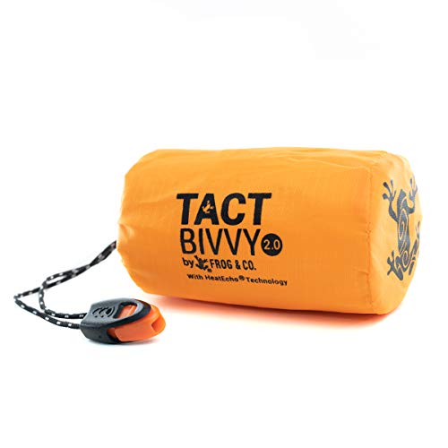Survival Frog Tact Bivvy 2.0 Emergency Sleeping Bag w/Stuff Sack, Carabiner, Survival Whistle, ParaTinder – Compact, Lightweight, Waterproof, Reusable, Thermal Bivy Sack Cover, Shelter Kit (Orange)