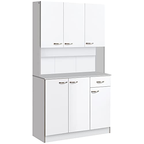 HOMCOM 71″ Freestanding Buffet with Hutch, Kitchen Storage Cabinets,Pantry with 6 Doors, 3 Adjustable Shelves, and Drawer for Living Room, White