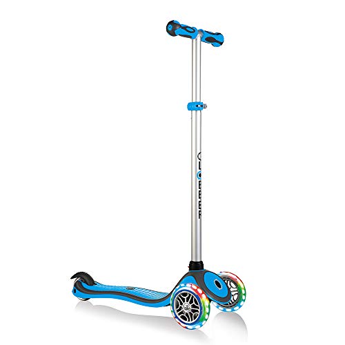 Globber – Primo Plus 3-Wheel Kids Kick Scooter – LED Light Up Wheels – Adjustable Height T-Bar – for Boys and Girls – Blue
