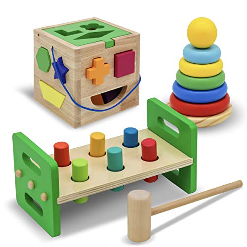 WALIKI Pounding Bench with Hammer, Wood Shape Sorter Box, Rainbow Stacker Complete Set (3 Wooden Toys Bundle)