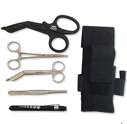 Madison Supply – EMT and First Responder Medical Tool Kit: Adjustable Nylon Belt Pouch, Premium First Aid Gear: EMT Shears, 5.75″ Bandage Scissors, 5.75″ Forceps, 6″ Hemostat, and Pupil Light