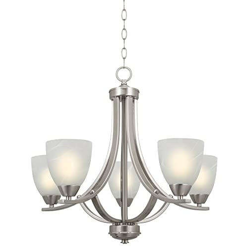 Kira Home Weston 24″ Contemporary 5-Light Large Chandelier + Alabaster Glass Shades, Adjustable Chain, Brushed Nickel Finish