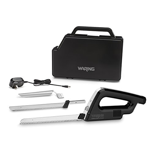 Waring Commercial WEK200 Cordless Rechargeable Electric Knife w/Bread and Carving Blades, Includes Case, 120V, 5-15 Phase Plug, Black