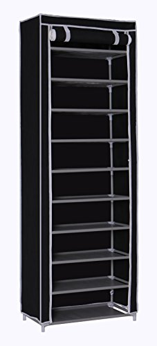 Homebi 10-Tier Shoe Rack 30 Pairs Shoe Tower Closet Shoes Storage Cabinet Portable Boot Organizer with Dustproof Non-Woven Fabric Cover and 10 Durable Shelves (Black) (Black)