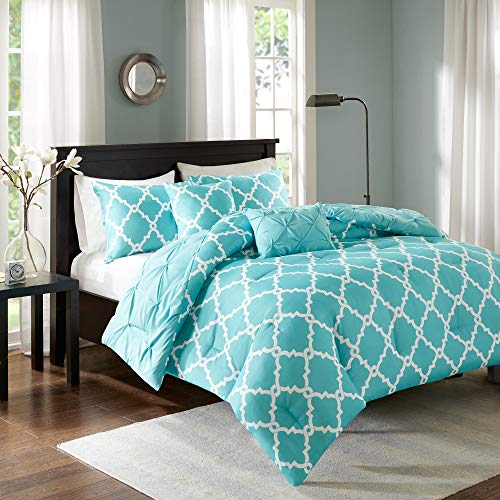 Madison Park Essentials Kasey Cozy Comforter Set – Fretwork Design, All Season Bedding with Matching Shams, Decorative Pillow, Queen (90in x 90 in), Diamond Aqua Comforter 5 Piece