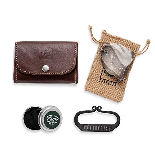 KonvoySG Flint and Steel Kit. Fire Striker, English Flint Stone & Char Cloth Traditional Hand Forged Fire Starter with a Leather Gift Pouch and Emergency Tinder Jute Bag (Cognac)