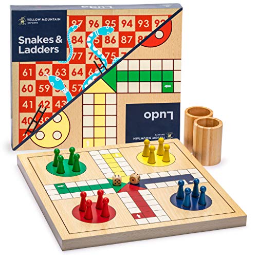Yellow Mountain Imports 2-in-1 Reversible Wooden Snakes and Ladders, Ludo Game Set – 11.3 inches