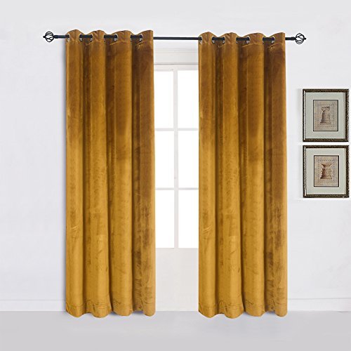 Cherry Home Super Soft Luxury Heavy Velvet Set of 2 Warm Yellow Blackout Energy Efficient Grommet Curtain Panel Drapes Ginger Mustard Curtain Panels, 52 in x 84 in (W x L)