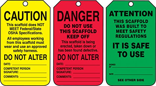 Accuform “Danger/Caution/Attention”, Pack of 25 PF-Cardstock Scaffold Status Tag, Legend, 5.75″ x 3.25″, Black on Green/Yellow/Red, TSS200CTP