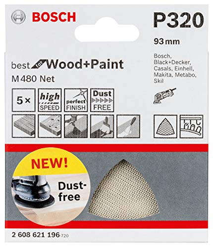 Bosch Genuine M480 Net Virtually Dust-Free Sanding Sheets for Wood or Paint (5 packs of 5 Sheets, Grit = 320) (To Fit: Bosch PDA & GDA Sanders) c/w STANLEY KeyTape