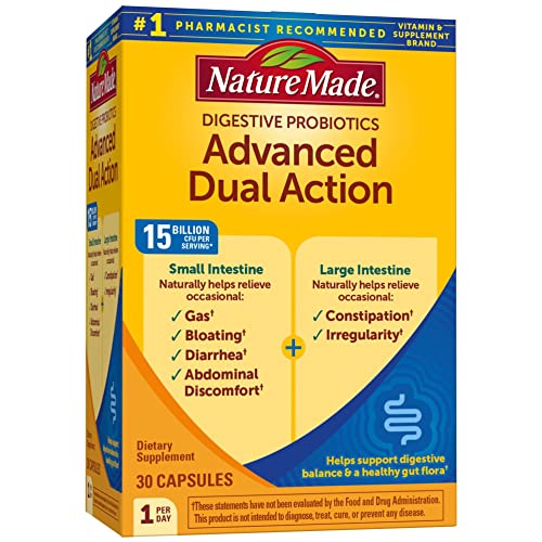 Nature Made Digestive Probiotics Advanced Dual Action, Dietary Supplement for Digestive Health Support, 30 Probiotic Capsules, 30 Day Supply