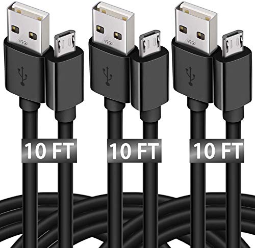 Micro USB Cable 10ft 3Pack Extra Long Android Charger Cable High Speed Durable PS4 Charging Cable Android Charging Cord for Samsung Galaxy S7 S6 S7 Edge S5, LG G4, HTC, PS4, Camera, Black