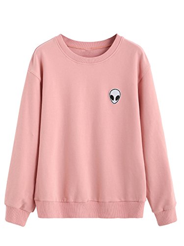 SweatyRocks Womens Casual Long Sleeve Pullover Sweatshirt Alien Patch Shirt Tops M Pink