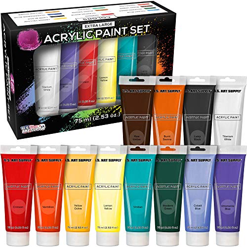U.S. Art Supply Professional 12 Color Set of Acrylic Paint in Extra-Large 75ml Tubes – Rich Pigment Vivid Colors for Artists, Students, Beginners, Kids, Adults – Canvas, Portrait Paintings, Wood
