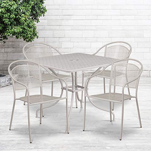 Flash Furniture Commercial Grade 35.5″ Square Light Gray Indoor-Outdoor Steel Patio Table Set with 4 Round Back Chairs