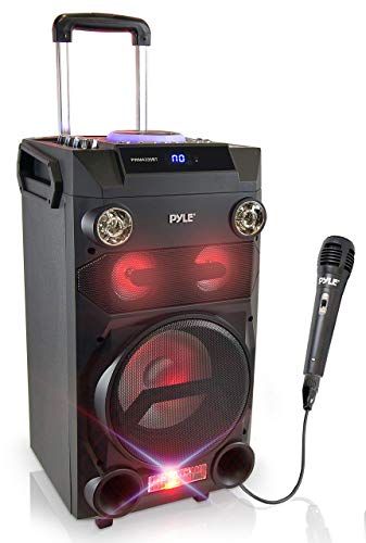 Pyle Outdoor Portable Wireless Bluetooth Karaoke PA Loud speaker – 8” Subwoofer Sound System with DJ Lights, Rechargeable Battery, FM Radio, USB / Micro SD Reader, Microphone, Remote – PWMA335BT