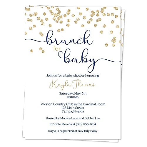 Brunch for Baby Invitations Shower Sprinkle Invites Navy Blue Gold Confetti Mimosa Champagne Glitter Sparkly Boys Printed Cards (12 count)