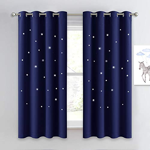 NICETOWN Children Blue Blackout Curtain – Hollow Star Space Inspired Night Sky Twinkle Christmas Star Curtain, Window Drape for Bedroom (1 Panel, 52 x 63 inches Panel, Navy Blue)