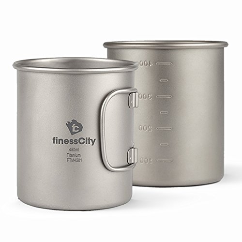 Camp Mug (450ml/ 600ml) With & Without Lid, Strong Lightweight Camping Mug/Pot with Measurement Marks, Folding Titanium Cup for Backpacking/ Hiking/ Camping in Cloth Case (Mug Without Lid, 450ml)