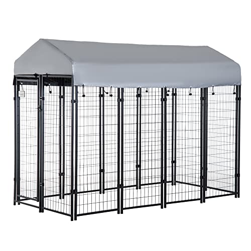 Pawhut 8′ x 4′ x 6′ Large Dog Kennel Outdoor Steel Fence with UV-Resistant Oxford Cloth Roof & Secure Lock