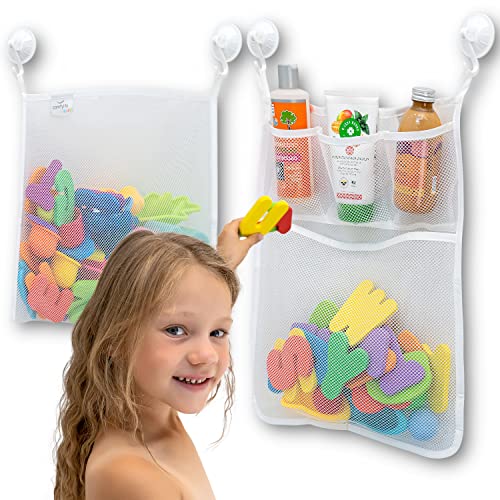 2 x Mesh Bath Toy Organizer + 6 Ultra Strong Hooks – The Perfect Bathtub Toy Holder & Bathroom or Shower Caddy – These Multi-use Net Bags Make Baby Bath Toy Storage Easy – For Kids & Toddlers