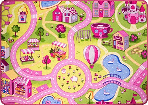 Funfair Pink Colourful Kids Town City Roads Childrens Floor Play Area Rug Mat 3’1″ x 4’4″ (95cm x 133cm)