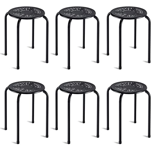 COSTWAY 6-Pack Steel Stack Stools, 17.5-Inch Height Portable Stackable Backless School Stools with Daisy Design, Round Classroom Decoration Stools Set of 6 for Kids Children Students, Black