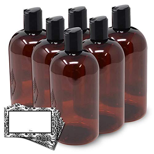 Baire Bottles 16 oz Empty Plastic Bottles with Squeeze Top for Shampoo Bottles, Lotion Bottle, Hand Sanitizer, 6 Pack, Waterproof Labels, PET, BPA Free USA (Amber/Brown with Black Disc, Damask Labels)