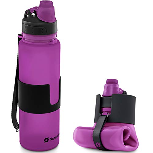 Nomader BPA Free Collapsible Sports Water Bottle – Foldable with Reusable Leak Proof Twist Cap for Gym Travel Hiking Camping and Outdoors – 22 oz (Purple)