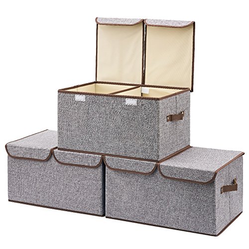 EZOWare Large Storage Boxes [3-Pack] Large Linen Fabric Foldable Storage Cubes Bin Box Containers with Lid and Handles for Nursery, Closet, Kids Room, Toys, Baby Products (Gray)