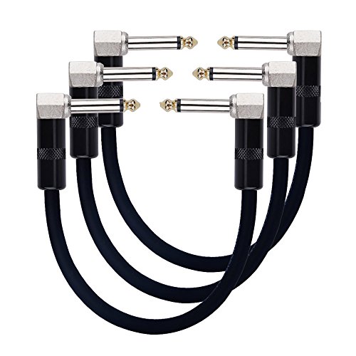 Rayzm Guitar Patch Cable – 6.35mm Noiseless 15cm Guitar/Bass Effects Pedalboard Patch Cable Cord, Right Angle Male TS Mono Instrument Cable for Guitar/Bass Effect Pedals (Pack of 3) (Black)