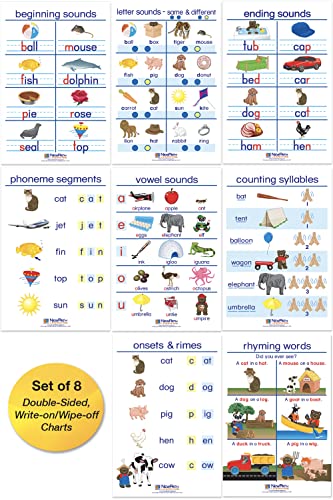 NewPath Learning Phonemic Awareness Bulletin Board Charts, Set/8 – Laminated, Double-Sided, Full-Color, 12″ x 18″ (92-0223)