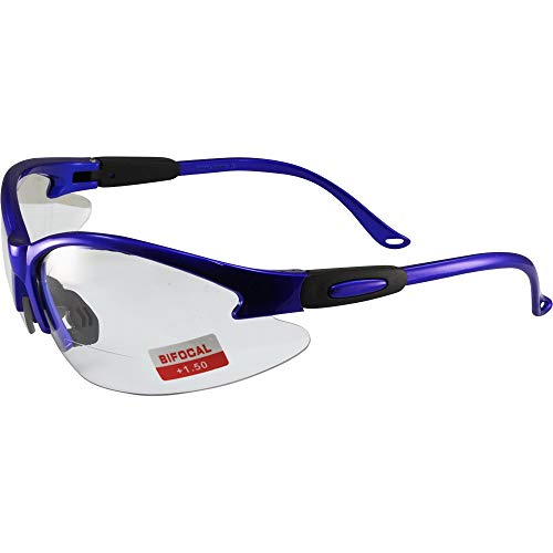 Global Vision Contender Bifocal Safety Glasses for Men or Women Blue Frame with Clear Lens ANSI Z87+ 1.0 to 2.5 (1.50)