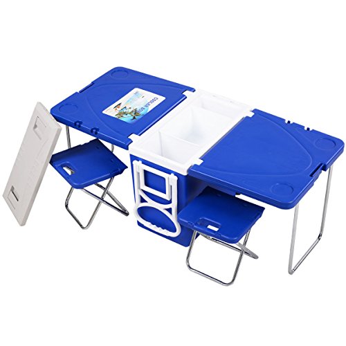 Wakrays Multi Function Rolling Cooler Picnic Camping Outdoor w/Table and 2 Chairs Blue