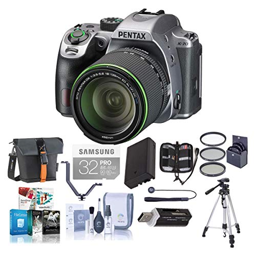 Pentax K-70 24MP Full HD DLR Camera with SMC DA 18-135mm f/3.5-5.6 ED AL DC WR Lens, Silver – Bundle with Holster Case, Spare Battery, Tripod, 62mm Filter Kit, Cleaning Kit, Software Package and More
