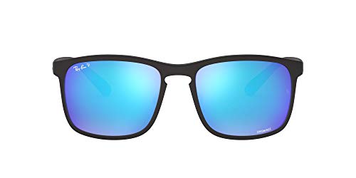 Ray-Ban Men’s RB4264 Chromance Square Sunglasses, Matte Black/Polarized Green Mirrored Blue, 58 mm