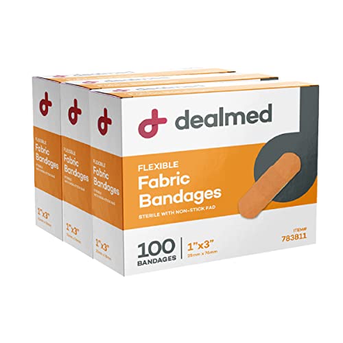 Dealmed Sterile Flexible Fabric Adhesive Bandages – 1×3 Inch – 100/Box – 3 Boxes – Breathable First Aid Strip Pack – Soft Stretch Wound Patch For Medical, Emergency Kits & Clinic