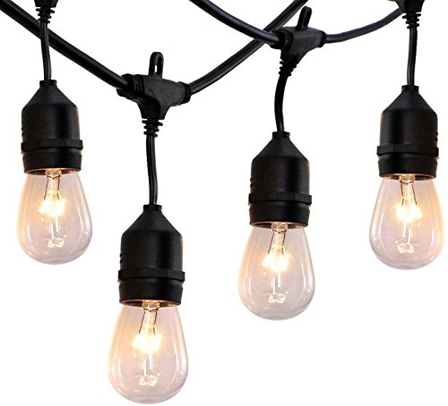 Outdoor String Lights 48 Ft, Commercial Grade Outdoor Light Strand with Hanging Sockets – Weatherproof Strand for Patio Garden Porch Backyard Party Deck Yard, 15 light bulbs included – Black