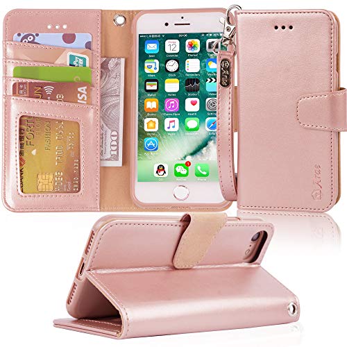 Arae Case Compatible with iPhone 7 / iPhone 8 / iPhone SE3 2022 / iPhone SE 2020, Premium PU Leather Wallet Case with Wrist Strap and Flip Cover for iPhone 7/8 / SE3 / SE 2020 4.7 inch – Rosegold