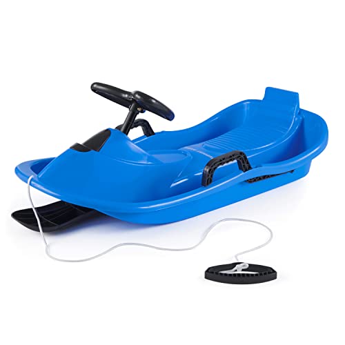 Slippery Racer Downhill Derby Flexible Plastic Toboggan Steerable Plastic Snow Sled with Built-In Brakes and Steering Wheel, Blue