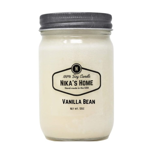 Nika’s Home Vanilla Bean Soy Candle 12oz Mason Jar Non-Toxic White Soy Candle-Hand Poured Handmade, Long Burning 50-60 Hours Highly Scented All Natural, Clean Burning Large Candle Gift Décor