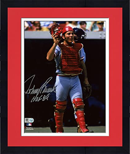Framed Johnny Bench Cincinnati Reds Autographed 8″ x 10″ In Catchers Gear Photograph with “HOF 89” Inscription – Autographed MLB Photos