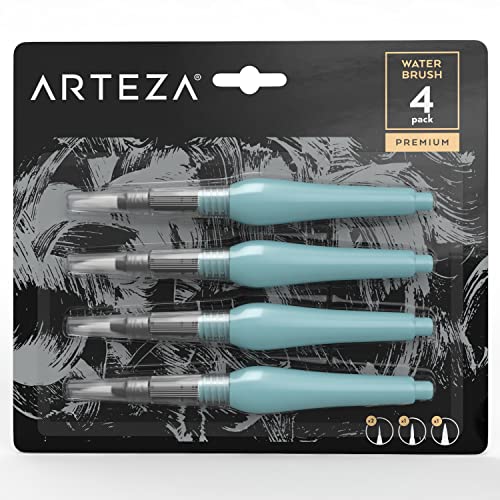 Arteza Water Brush Pens for Watercolor Painting, Set of 4 Water Pens, with Assorted Soft Nylon Bristle Tip Sizes, Self-Moistening Refillable Water Brush Pen Set for Aquarelle Ink