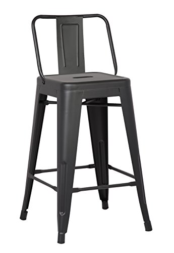 AC Pacific Modern Industrial Metal Bar Stool, Bucket Back and 4 Leg Design Ideal for Kitchen Island or Counter Top, Set of 2, 24″ Seat, Matte Black