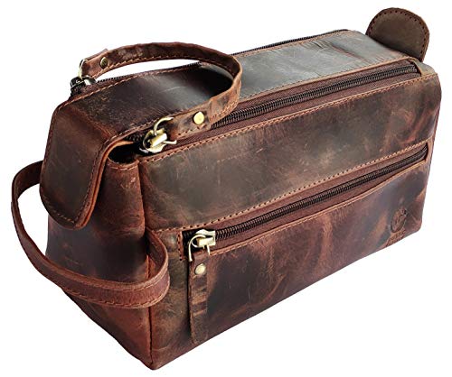 RUSTIC TOWN Leather Toiletry Bag for Men – Hygiene Organizer Travel Dopp Kit (Walnut Brown)