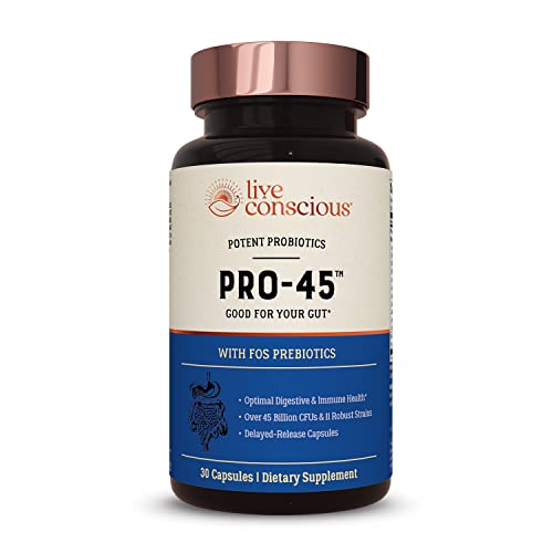 Live Conscious PRO45 Probiotics for Women & Men: Comprehensive Formula, 45 Billion CFU, 11 Strains, Dairy Free – w/ Prebiotics and Probiotics – Promotes Immune & Gut Health – 30 Veggie Caps
