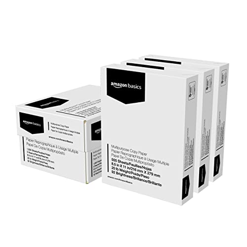 Amazon Basics Multipurpose Copy Printer Paper, 8.5 x 11 Inch 20Lb Paper – 3 Ream Case (1,500 Sheets), 92 GE Bright White